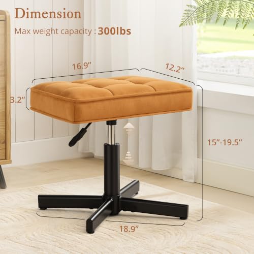 Image of LUE BONA Adjustable Vanity Stool, 15''-19.5'' Foot Rest Under Desk, 360 Swivel Vanity Chair for Makeup Room, Ginger Yellow Upholstered Suede Ottoman for Bathroom & Living Room, 300lbs