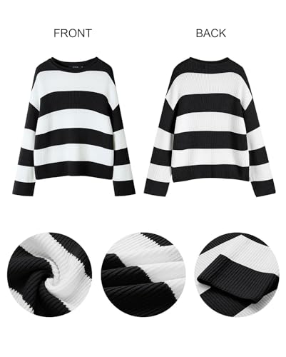 Image of Women's Striped Knitted Pullover Crew Neck Fall Winter Sweater Long Sleeve Color Block Jumper