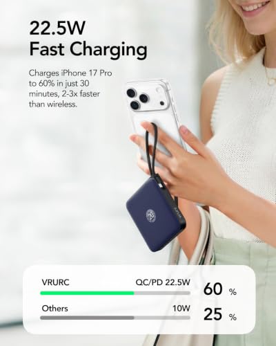 Image of VRURC Portable Charger for iPhone, 10000mAh 22.5W Fast Charging Power Bank | with Built-in Cables, LED Display, Battery Pack for iPhone 17 /16 /15 Series, Samsung S26, Travel Essentials (Royal Blue)