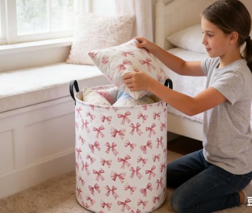 Image of Essme Kids Laundry Basket,Pink Hamper Waterproof Storage Bin for Girls, Pink Hamper,Gift Baskets(Pink Bowknot)