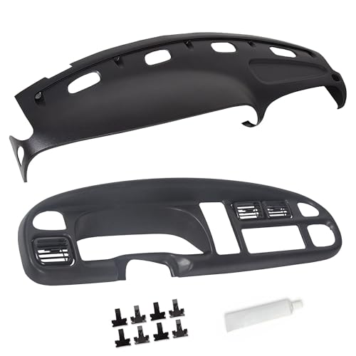 ECOTRIC Bezel Cover Instrument W/Vent & Dashboard Overlay Cover Kit Compatible with 1998-2002 Dodge Ram 1500 2500 3500 Bezel & Dash Board Cover Replacement Black