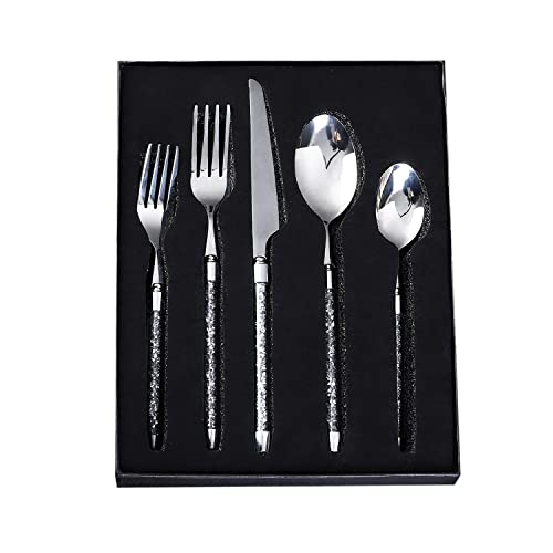 5 Pieces Handmade Crushed Diamonds Silver Flatware Sets Stainless Steel, Mirror Polished Steak Cutlery Utensil Sets, Home Kitchen Eating Tableware, Includes 2 Spoons, 1 Knife, 2 Forks #TOP2