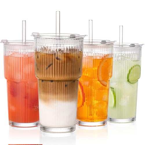 GOSCHE 20oz Glass Tumblers with Straws and Lids, Ribbed Iced