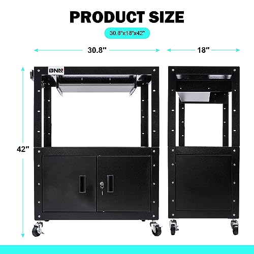 Image of DNA Motoring Steel AV Cart with Extra Storage Cabinet, 30.8 inch x 18 inch x 22 inch-42 inch Height Adjustable Rolling Projector Utility Cart, TOOLS-00293