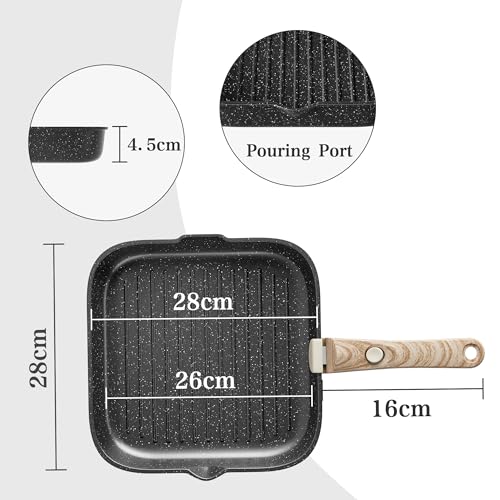 Miniatura 2 de Riovarm 28 Cm Inducción Sartén Grill Con Asas Desmontables Antiadherente Sartenes Para Asar A La Parilla Con Vertedor Sartén Para Filetes Sin Pfoa Para Todas Las Estufas Apto Para Lavavajillas Y Horno