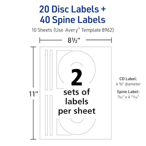Image of Avery Printable DVD Labels, Matte White Film, Permanent Adhesive, Laser & Inkjet Printer Compatible, 20 Blank DVD Labels & 40 Spine Labels, Ideal for CDs, DVDs, PC Discs, Media Projects & More (8962)