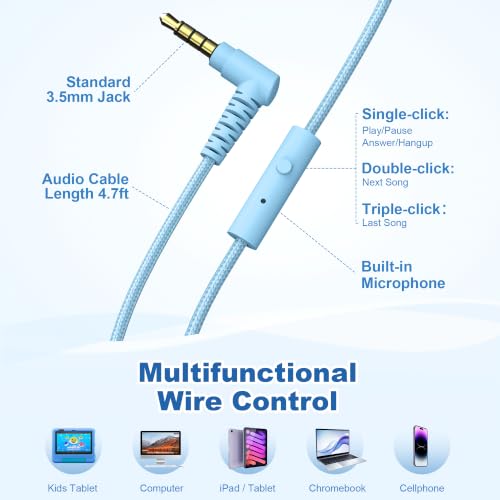 Image of AILIHEN I35 Kids Headphones for School with Mic, 93dB Safe Volume, Blue Pop | Wired On Ear Headphones for Girls Boys, Foldable Lightweight Headphone for Classroom Learning & Entertainment Travel Computer