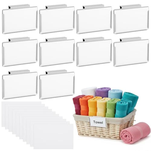 10 Pack Metal Basket Bin Label Clips, 3.54 x 2.36 Inch Silver Removable Label Holders with White Papers for Pantry Kitchen Organization and Storage Bin Classification