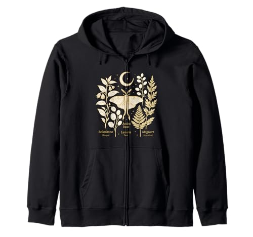 Witchcore Moon Moth Botanicals Crescent Luna Design Zip Hoodie