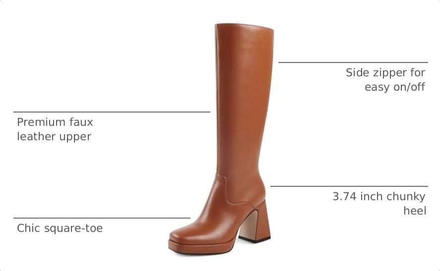 Image of JOY IN LOVE Knee High Boots for Women Chunky Heel Tall Boots | Chunky Block Heel, Square Toe, Side Zipper, Comfortable Daily Long Tall Boots