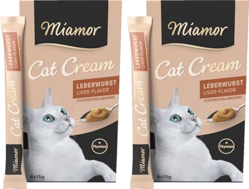 Miamor Cat Snack Cream Leberwurst | 2er Pack 6x15g + 1 Gratis-Sachet | Eine gesunde Belohnung ohne unnötige Zusatzstoffe | leckerer Schleck-Snack