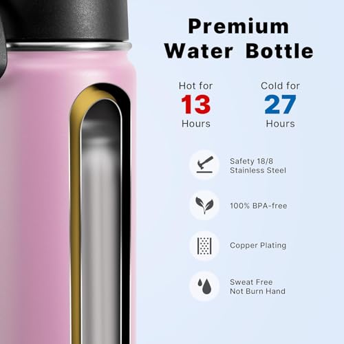 Image of koodee 22 oz Water Bottle with Straw Stainless Steel Vacuum Insulated Wide Mouth Sports Water Bottle, Girls Water Flask for School BPA Free-Pink