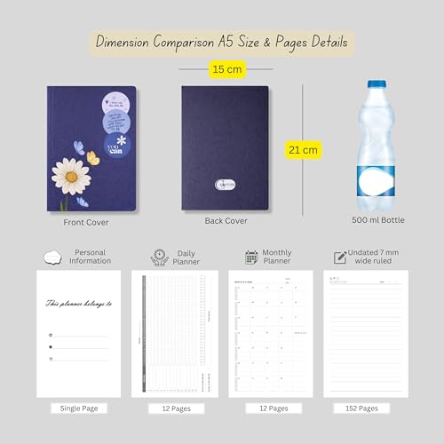 Image of Motivational Floral A5 Notebook Diary for Women & Students | Softbound Laminated Cover | Monthly Planner + Daily Planner | 21 x 15 cm Ruled Journal | Inspirational Quote Cover (Blue You Can)