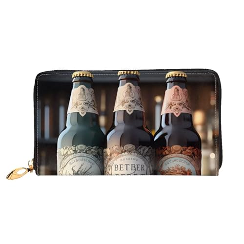 Leather Women Wallets, Long Credit Card Holder, 3 beer bottles Print Billfold Clutch & Travel Purse Large Capacity
