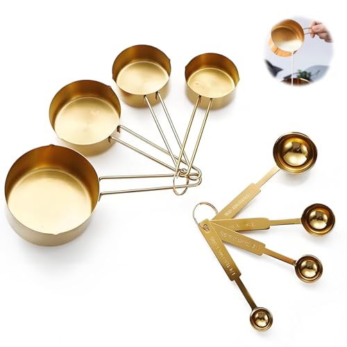 Gold 304 Stainless Steel Measuring Cup and Spoon Set, Stackable, 8-Piece, Long Handle for Narrow Bottles, Premium Gold Kitchen Utensils for and Cooking