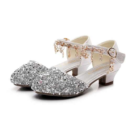 Girls Dress Shoes with Heels Sparkly Sequins Closed Toe Sandals