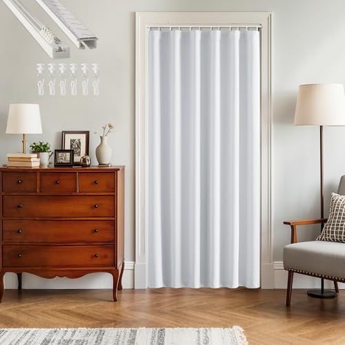 Image of RYB HOME Doorway Curtain with Straight Ceiling Track, Heavy Duty Blackout Privacy Door Divider for Closet /Hallway /French Door, Grayish White, W36 x L80, 1 Panel