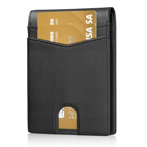 Auskang Wallet for Men, Classic Bifold Mens Wallet, Minimalist Slim wallet Credit Card Holder, Genuine Leather, Black (No Pattern)