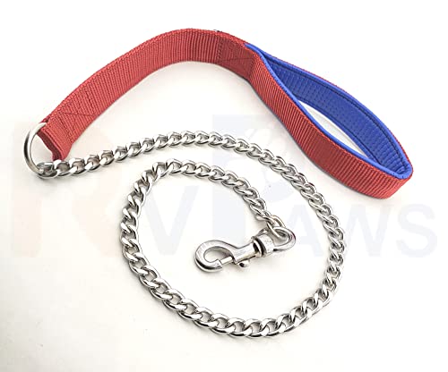 Image of RvPaws Diamond Cut Heavy Duty Dog Leash Metal Dog Leash Dog Chain with Padded Handle, Durable Leash Grinder Chain Heavy Hook Handle Leash Chain (Red)