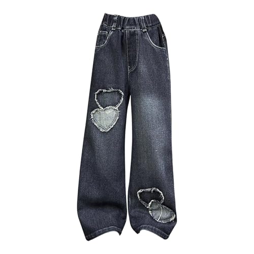 Wide Leg Jeans for Girls Baggy Elastic Waist Heart Applique 𝗩intage Denim Pants Casual Trousers with Pocket