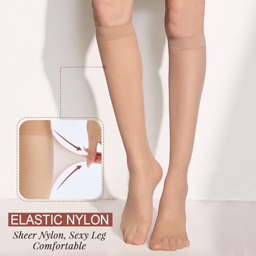 ZIHUA 12 Pairs Knee High Stockings for Women, 20 Denier Sheer Nylon Socks for Women(6Black6Nude,One Size)