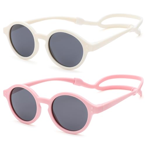 GLARDEFE Polarized Baby Sunglasses with Strap - Unbreakable Infant Sunglasses for Newborn Toddler Boys Girls Age 0-24 Months(Matte White/Grey + Matte Pink/Grey)