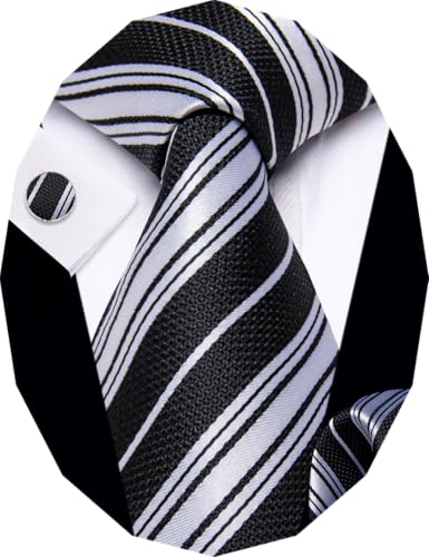 Image of YourTies Black White Ties for Men Striped Tie Woven Silk Necktie Handkerchief Cufflink Set Formal Business Party Wedding
