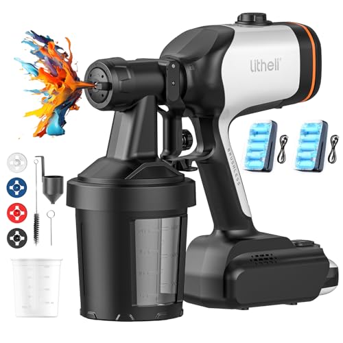 Litheli Pistola pulverizadora inalámbrica, 2X 4.0Ah baterías, Motor sin escobillas 500W, Flujo Ajustable, 3 Patrones de pulverización & 4 boquillas, para Interior y Exterior