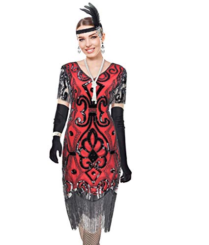 Image of Women 1920s Gatsby Vintage Sequin Flapper Fringe Party Plus Dress with 20s Accessories Set