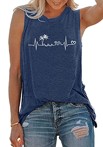 Beach Heartbeat Tank Tops For Women Summer Sleeveless Love Graphic Print T Shirt Boating Gifts Vacation Muscle Shirt Dark Blue #TOP6