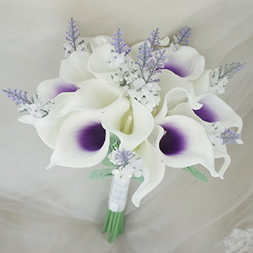 Lily Garden Mini 15" Artificial Calla Lily 16 Stem Flower Bouquets with Ribbon (Purple Center with Lavender)