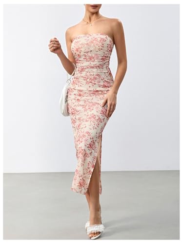 Image of Milumia Women's 2026 Summer Floral Bodycon Maxi Dress Strapless Tube Top Long Dresses Wedding Guest Party