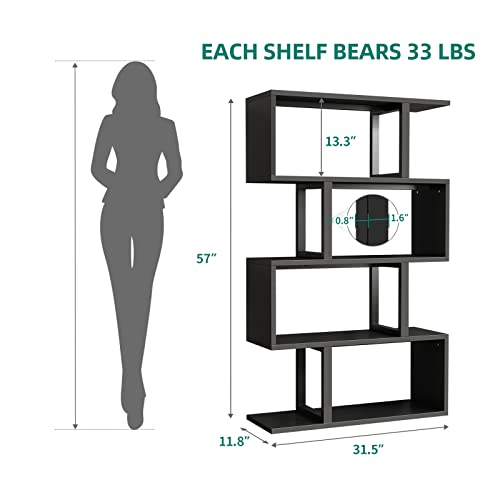 YITAHOME Geometric Bookshelf, 5-Tier Bookshelf S-Shaped Bookshelves, Modern Geometric Bookcase Freestanding Multifunctional Storage Shelving for Living Room Home Office, Black - Image 3