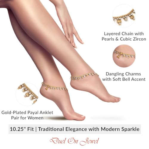 Duel On Jewel Indian Payal Bell Anklet Set for Women with Pearls and Cubic Zircon, Layered Chain Design with Dangling Charms, Gold Plated, 10.25-Inch, Perfect for Wedding, Party, Dance, Beach, Gift3