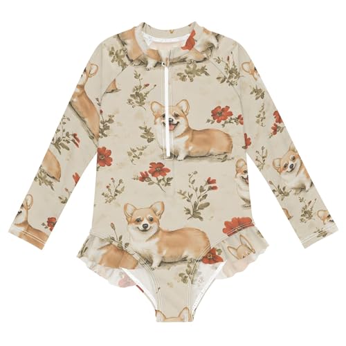 ALAZA Swimsuit for Girls Long Sleeve Rashguard Bathing Suit Dog Red Flower Quick Dry 4T
