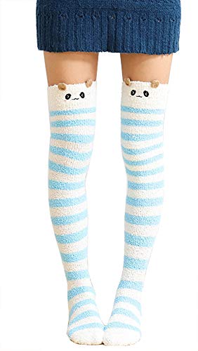 Image of Girl's Leg Warmers Soft Warm Animal Coral Fleece Thigh High Long Striped Socks