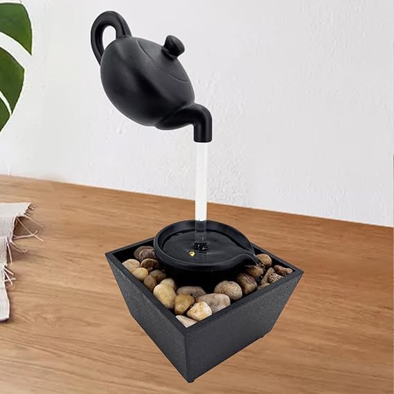 Image of Indoor Tabletop Water Fountain with LED Light & Natural Pebbles - Flowing Pot Design, Decorative Mini Waterfall for Home, Office & Meditation
