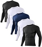 Dalavch 5 Pack Men’s Compression Shirts Long Sleeve Athletic Workout Rash Guard Gym Active Sports Undershirt Base Layer Top 2 Black 2 White 1 Blue XX-Large