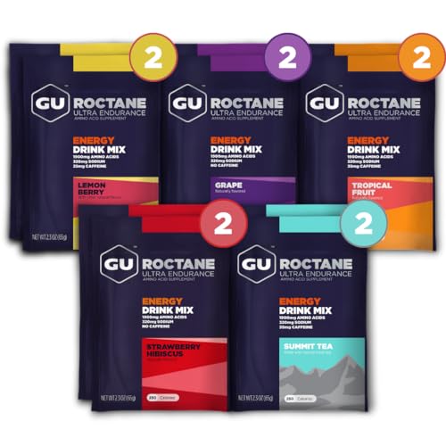 GU Energy Roctane Ultra Endurance Energy Drink Mix, Vegan, Gluten-Free, Kosher, Caffeine- Free, and Dairy-Free n-the-Go Energy for Any Workout, Assorted Flavors, 10 Single Serve Travel Size Packets