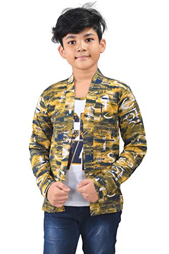 Image of Boy's Full Sleeve Cotton White Printed T-Shirt with Yellow Jacket Shrug Look Smart and Comfortable for Any Casual and Festive Purpose