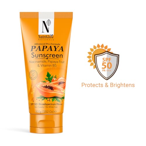 Image of NutriGlow Naturals Papaya Sunscreen SPF 50 PA+++ | No White Cast, Non-Greasy | Broad Spectrum UVA /UVB & Blue Light Protection | With Niacinamide & Vitamin B5 | For Men & Women | All Skin Types | 100g (Pack of 2)