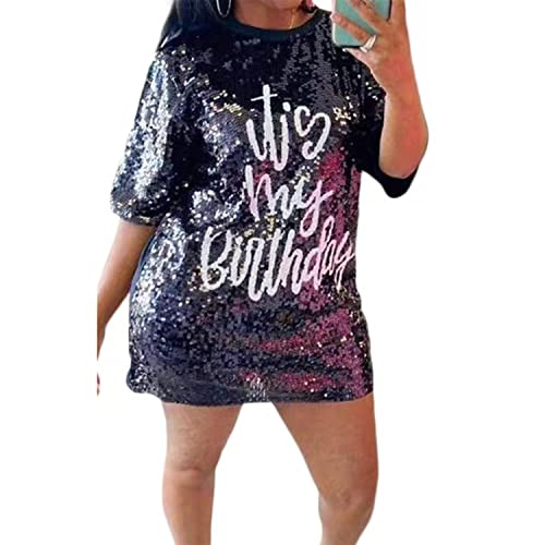 Women's Sequin T Shirt Dress Birthday Queen with Heart Glitter Sparkly Letter Print Party Club Outfits Mini Dress