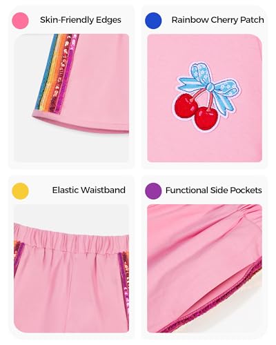 Image of WELAKEN Girls 2 Piece Outfit Kid Toddler Heart & Rainbow Sequin Striped T-shirt and Shorts Clothing Set
