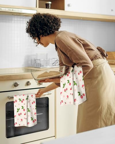 Image of Miss Adola 150GSM Flour Sack Kitchen Towels Set of 2, Strawberry | 18 inchx26 inch, Lightweight, Lint-Free, Pure Cotton, Decorative, with Hanging Loop, Absorbent, Softer after Wash, Giftable Package