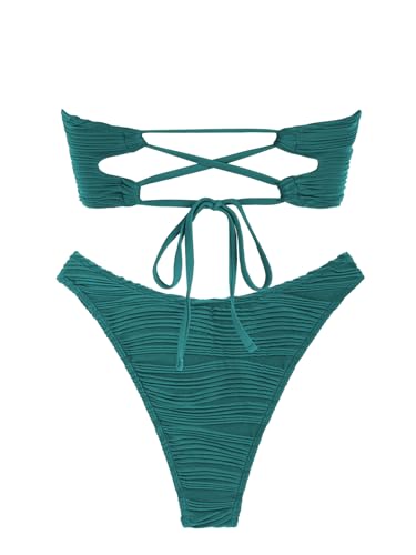 Image of ZAFUL Women Strapless Textured Bandeau Bikini 2 Piece Swimwear Cheeky Solid Lace up Bathing Suits
