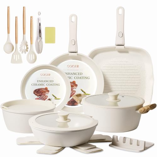 Image of Ceramic Cookware Set Non Stick 23Pcs Pots and Pans Set Non Toxic with Detachable Handle Induction Kitchen Cookware Set Space Saving, Oven & Dishwasher Safe, Cream
