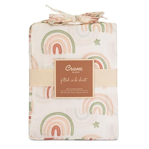 Image of Crane Baby 100% Cotton Breathable Fitted Baby and Toddler Sheet for Standard Mattress (28 X 52), Machine Washable Crib Boho Rainbow Boho Rainbow