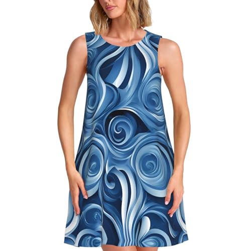 Robe d'été sans manches pour femme en imprimé bleu abstrait chic