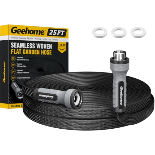 Black Geehome 25 ft woven flat hose coiled flat — the 9.06 x 8.27 in disc that hangs on one hook