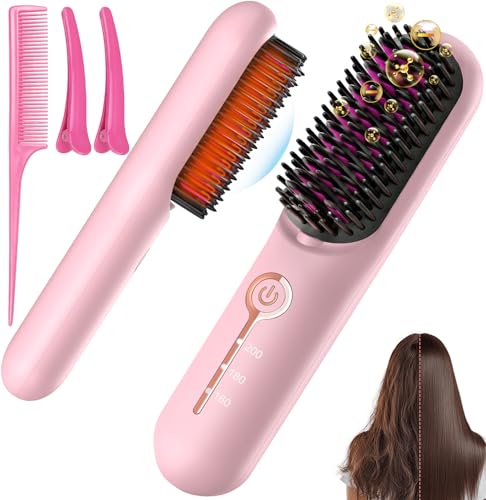 Cordless Hair Straightener Brush Portable Ionic Plus Frizz-Free Straightening Brush Rechargeable Touch Up On-the-Go Brush MCH Fast Heating 5D Dense Bristles Auto-Off Anti-Scald for Women Travel